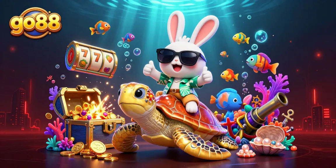 Play exciting games at go88 with a lucky rabbit and a golden sea turtle in vibrant underwater scene!