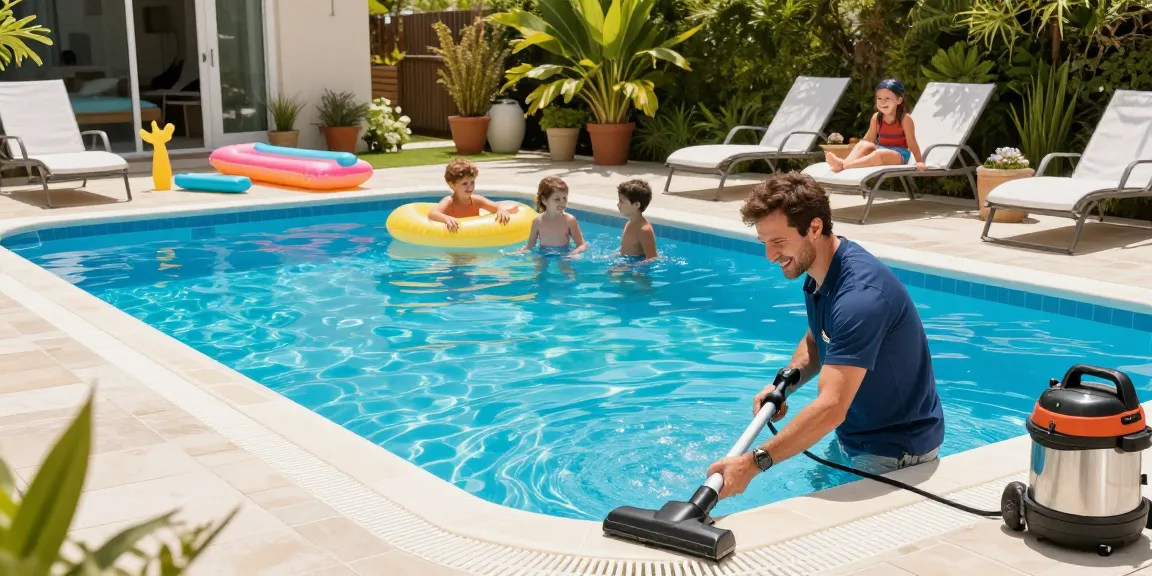 Dolphin Pool Services technician inspecting a clean pool while a family enjoys their outdoor space.