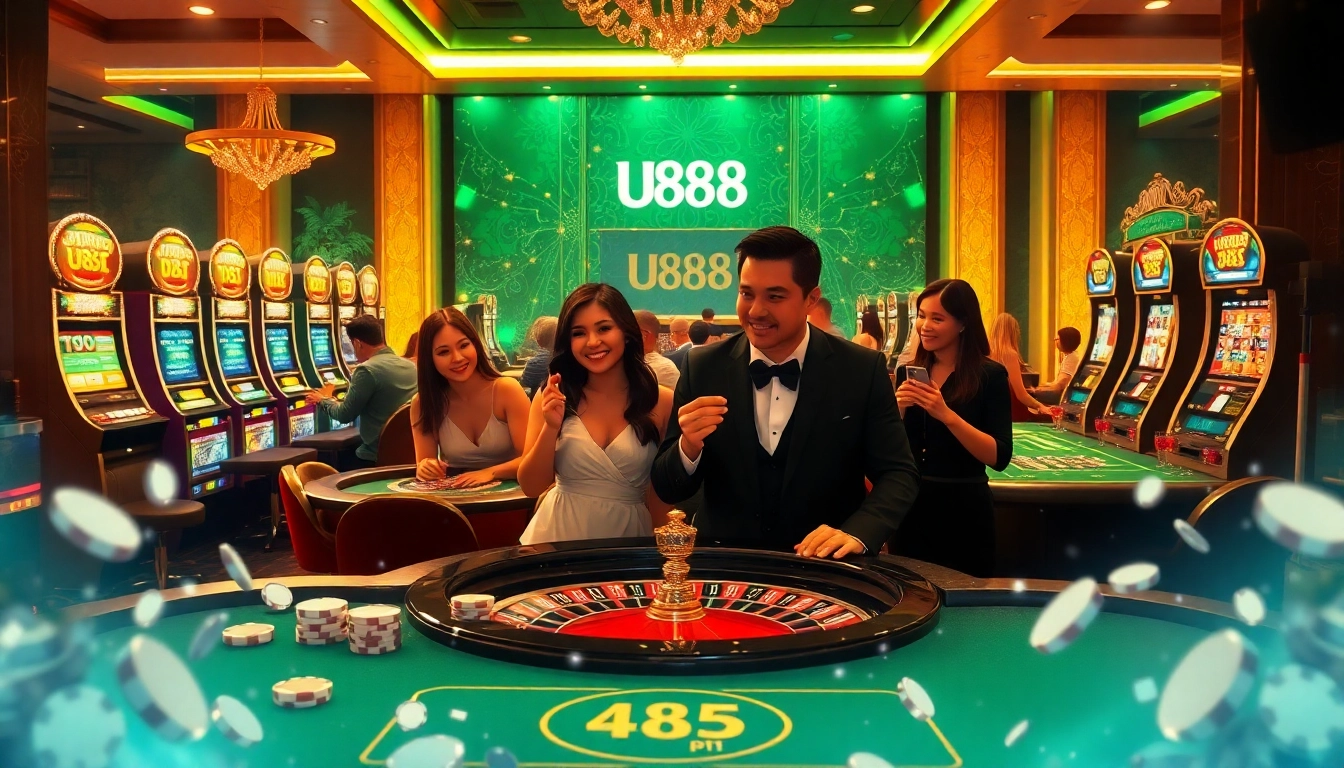 Engaged players at U88 celebrate their wins at luxurious casino tables.