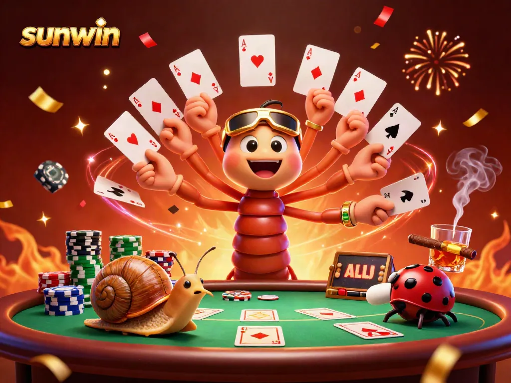 Exciting sunwin gaming scene with a whimsical dealer and vibrant poker elements
