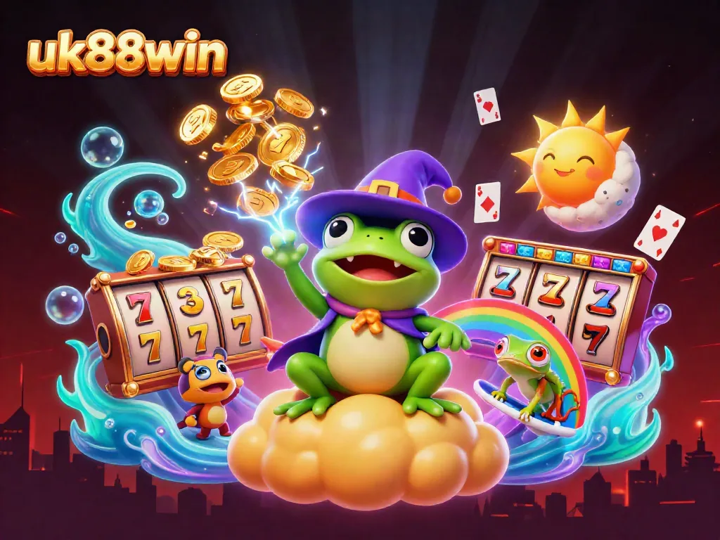 Experience the excitement of uk88win with a lively scene of a wizard frog and a chameleon playing in a treasure-filled environment.