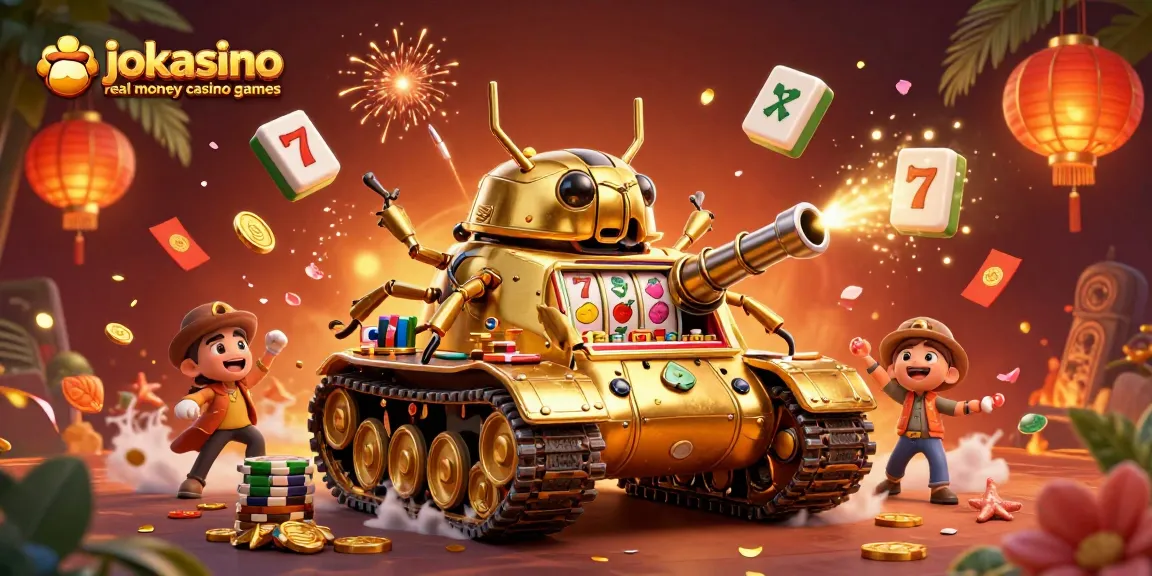 Engage with jokacasino real money casino games amidst a vibrant 3D casino scene featuring a golden beetle tank and dynamic gaming elements.