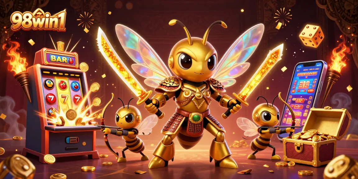 Experience the thrill of 98win1 as characters surround dynamic slots, showcasing exciting jackpots and games.