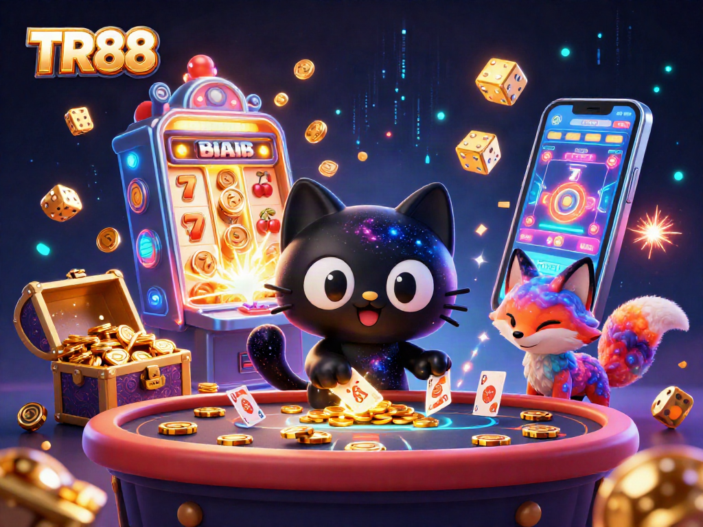Win big with TR88 in this vibrant casino scene featuring cartoon characters and thrilling games!
