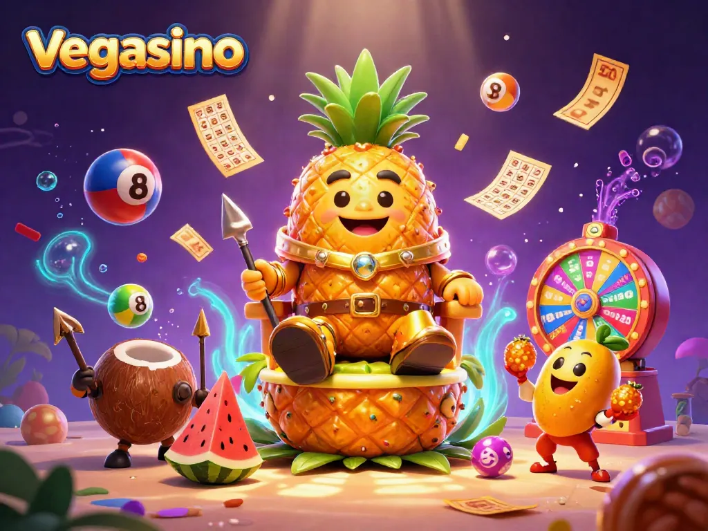 Experience Vegasino with a vibrant scene of the pineapple king and gambling elements in a beach casino.