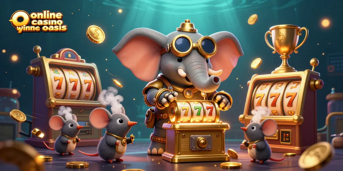 Engaging scene showcasing an online casino ohne oasis experience with a steampunk elephant operating a golden slot machine.
