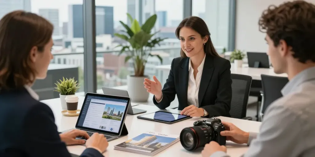 Bester Immobilienmakler Frankfurt präsentiert luxuriöse Immobilien in modernem Büro.