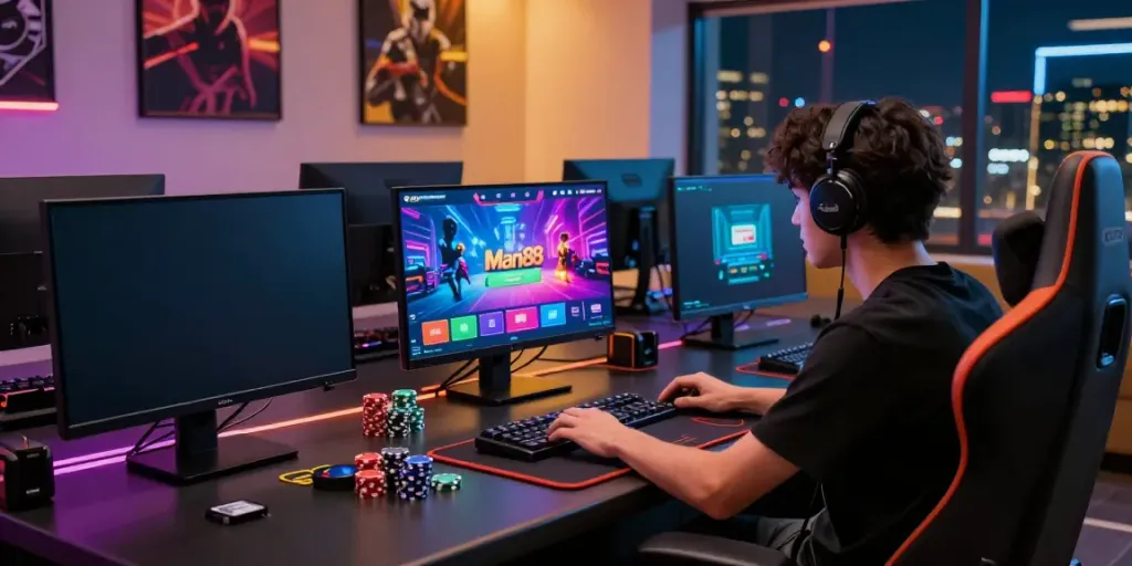 Immersive online gaming experience with Man88 platform highlighted.