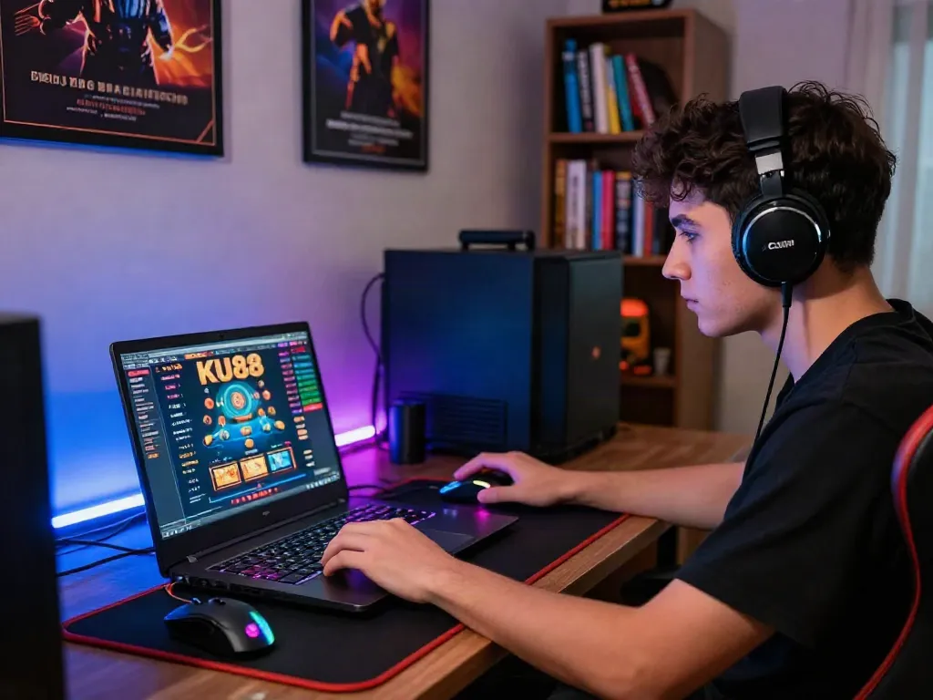 Engaged player experiencing ku88 gaming with vibrant home setup.