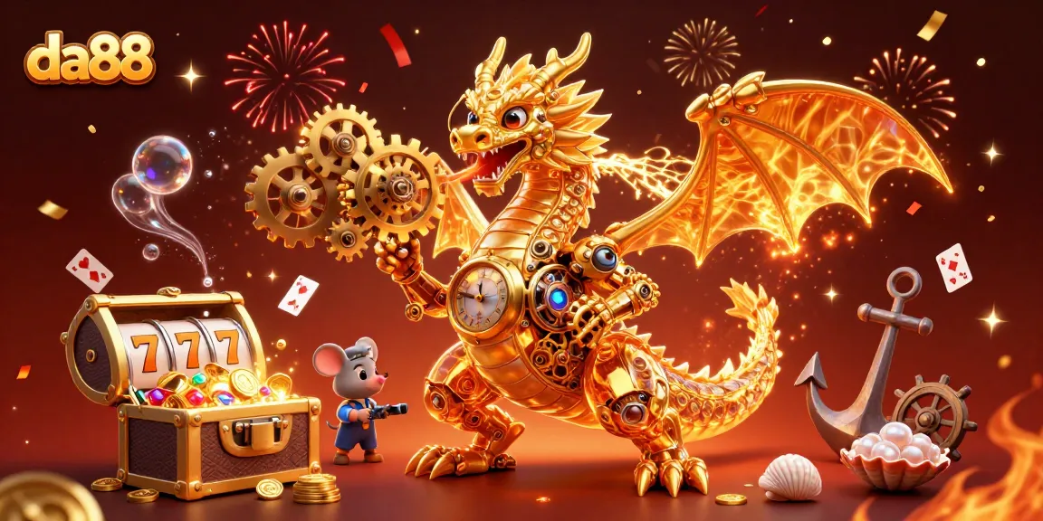 Experience the thrill of da88 with a 3D golden dragon and vibrant slot elements in a colorful casino scene.