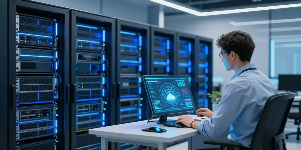 "Red team testing in cybersecurity: modern data center with cloud solutions and network security monitoring."