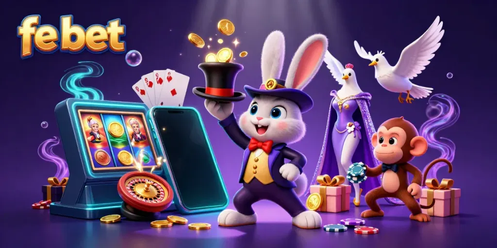 Spin to win with fe bet on an action-packed cartoon scene of gambling magic.