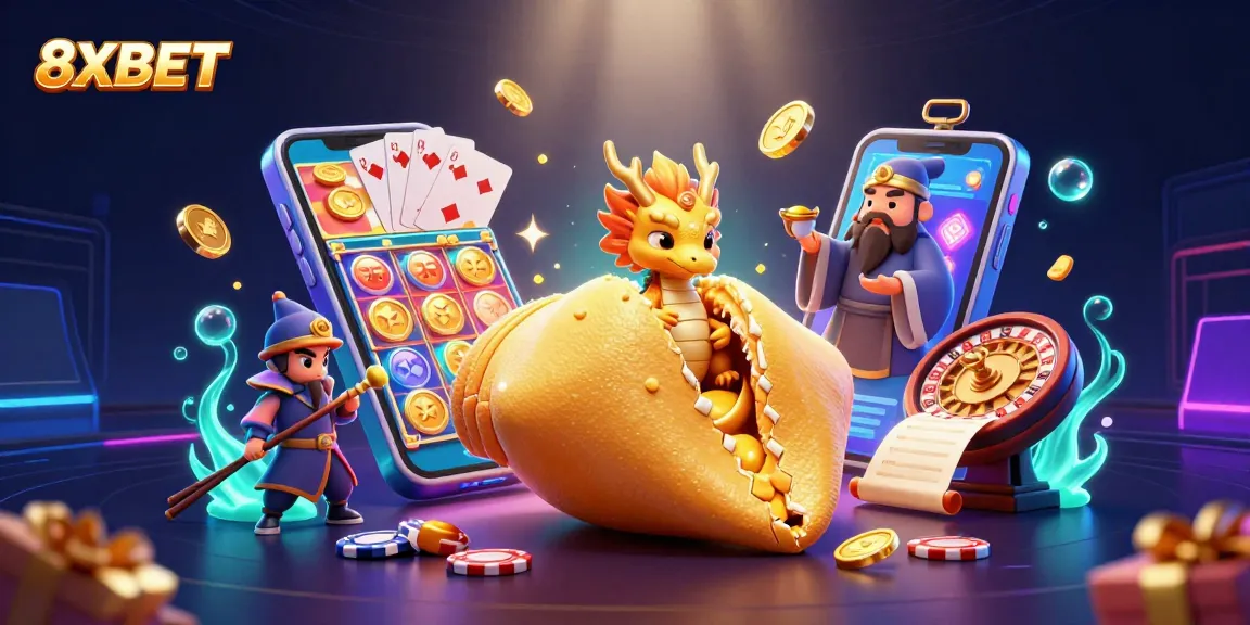 Engage with 8XBET's vibrant gaming scene featuring dynamic elements like slots, poker chips, and a wise dragon.