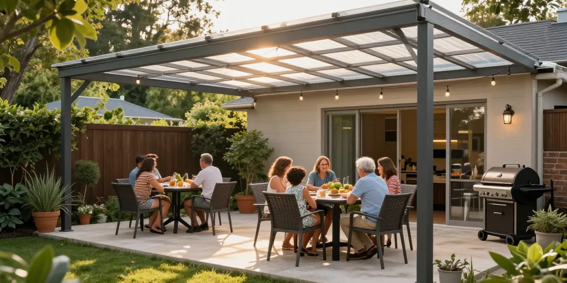 Moderne Terrassenüberdachungen in einem einladenden Garten mit Familie und Grill zur Sommerfeier.