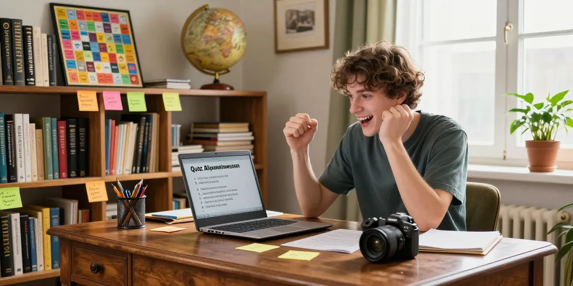 Youthful quiz enthusiast engaging in Quiz Allgemeinwissen surrounded by books and trivia.
