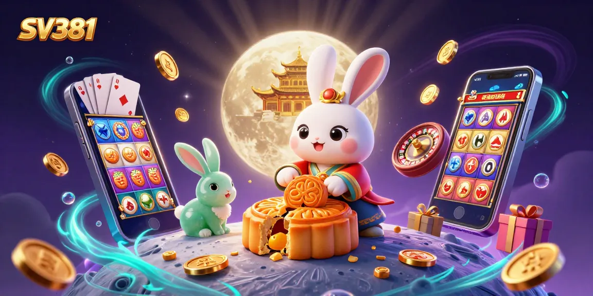 Experience the thrill of gambling with SV381 as the moon rabbit reveals poker chips from mooncakes amidst a vibrant casino scene.