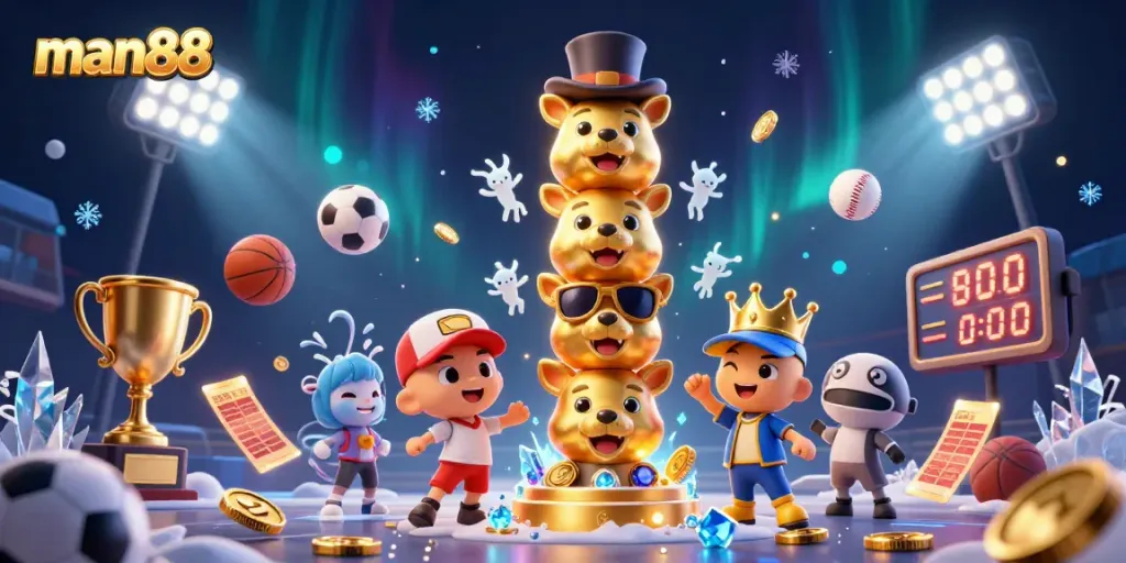 Bet and win at man88 with a vibrant casino-themed 3D illustration featuring dynamic game elements.