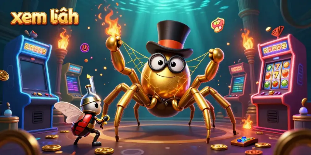 Experience a dynamic scene with a golden tarantula, brave beetle knight, and slot machines celebrating the theme "xem thêm" in vibrant casino colors.