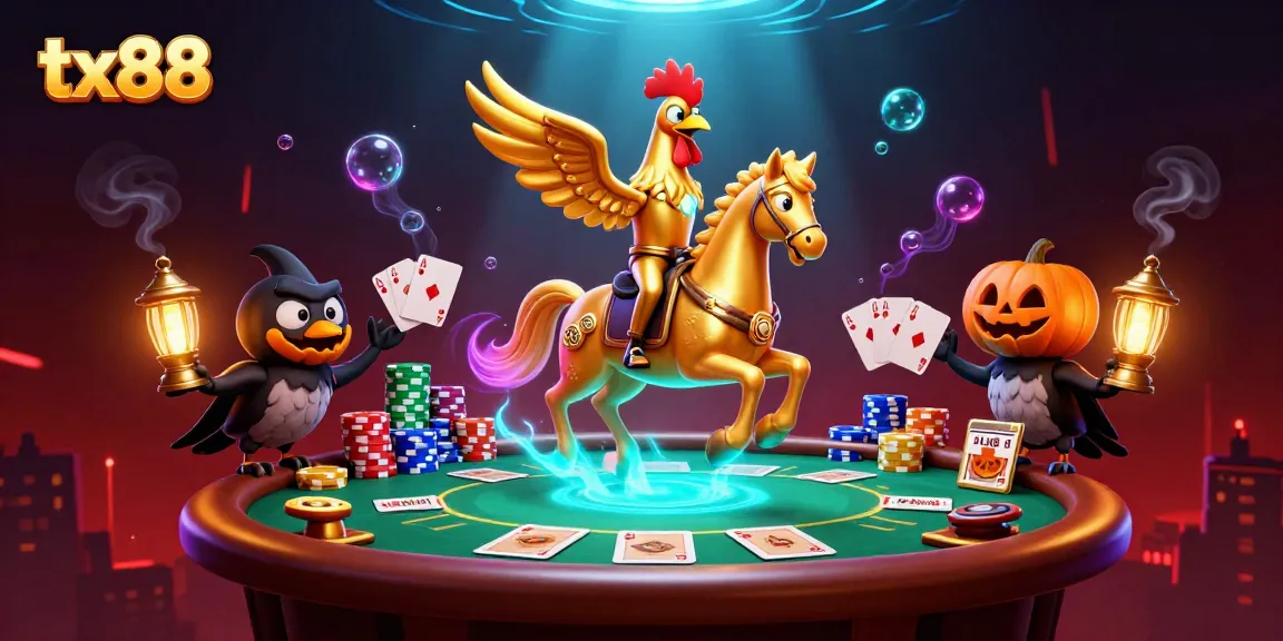 tx88 showcases a captivating golden rooster riding through a lavish casino scene full of poker excitement.