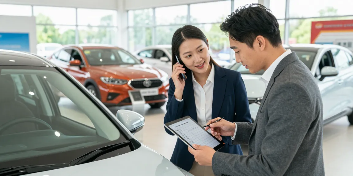 Car check UK process at a dealership with buyer inspecting vehicle history on tablet.