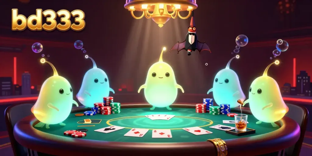 Experience the thrill of bd333 with glowworms illuminating a dynamic casino scene featuring poker and vibrant elements.