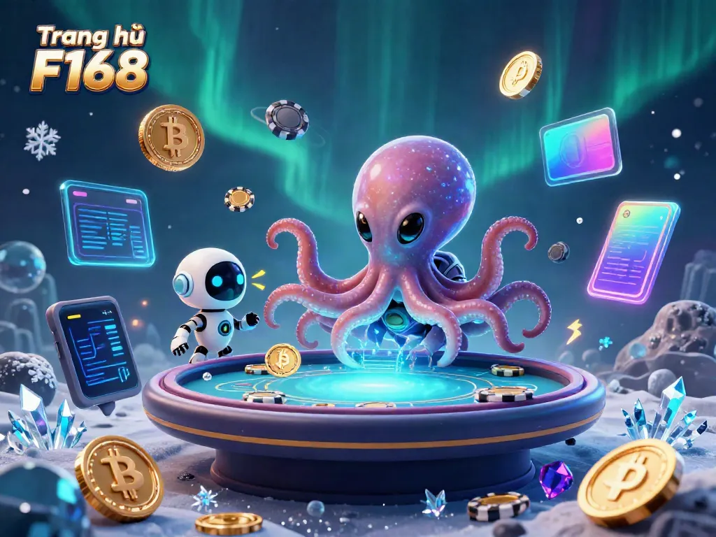 Experience the thrilling action of Trang chủ F168 with an alien octopus and poker in a vibrant 3D illustration.