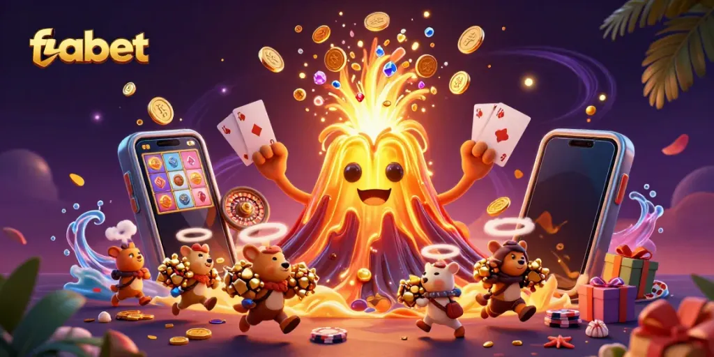 Unleash lucky wins at fabet with vivid casino illustrations of golden volcano treasures.