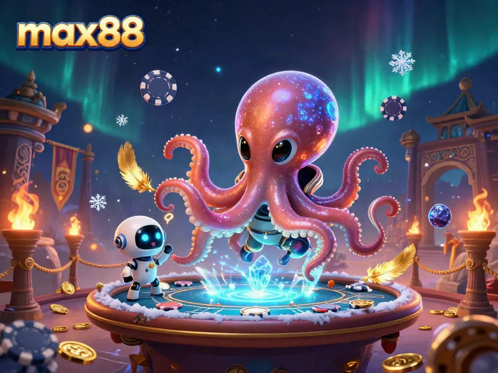 Experience the excitement of max88 with a vibrant, action-packed 3D casino scene featuring an alien octopus and robot.
