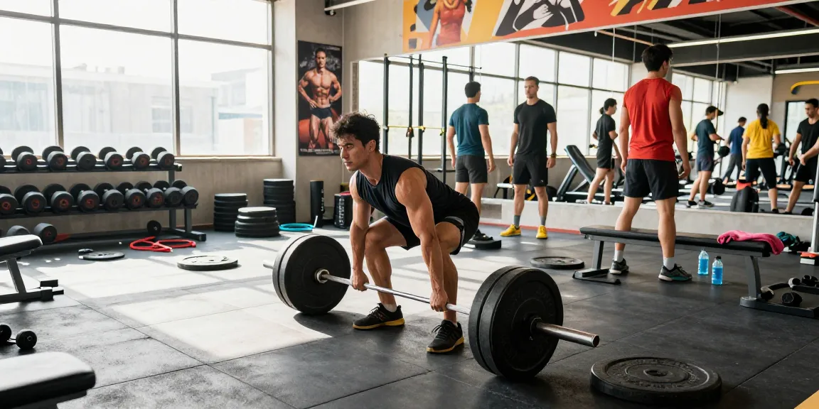 Anabolika Shop featuring a fitness enthusiast deadlifting in a vibrant gym, showcasing determination with weights and diverse equipment.