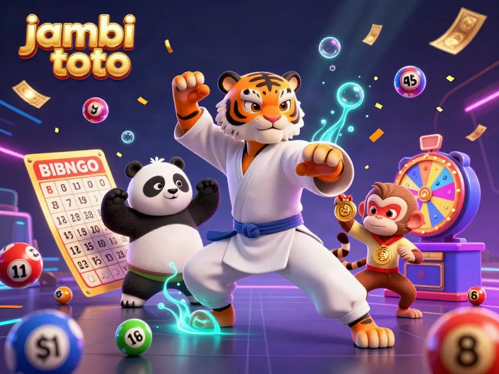 Experience thrilling jambi toto action with vibrant lottery elements and animated characters in a lively scene.