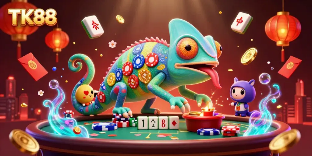 Watch the vibrant TK88 chameleon casino owner in a dynamic gambling scene full of excitement and color.