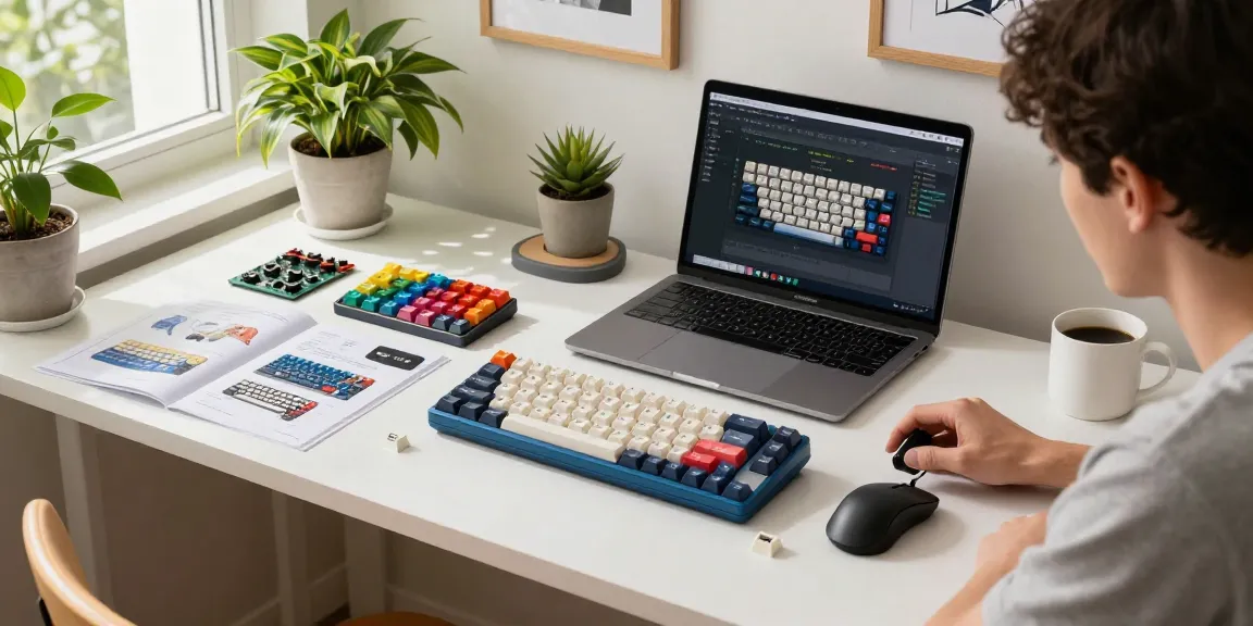Building an mchose keyboard in a vibrant home office with colorful components and a creative atmosphere.