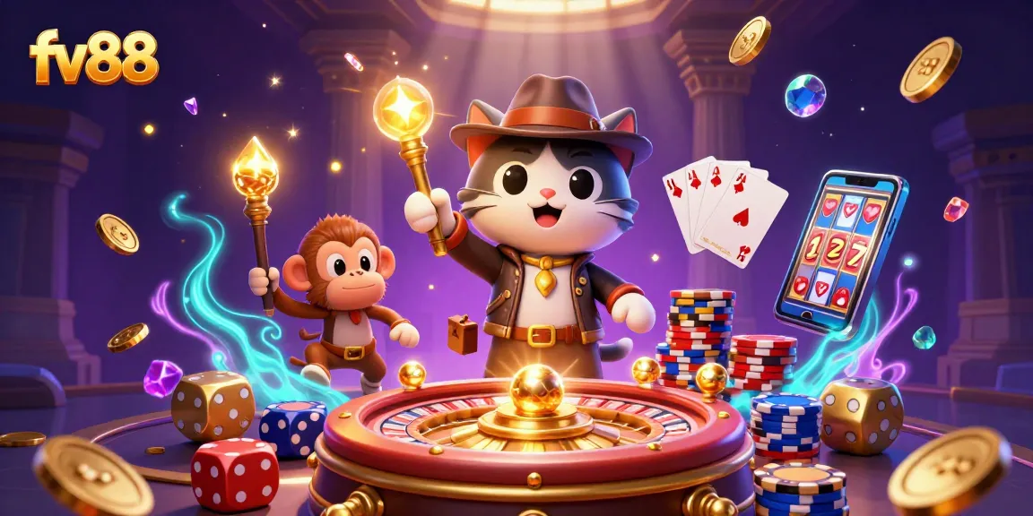 Experience the thrill of winning at fv88 with vibrant slots and casino elements in a dynamic scene.