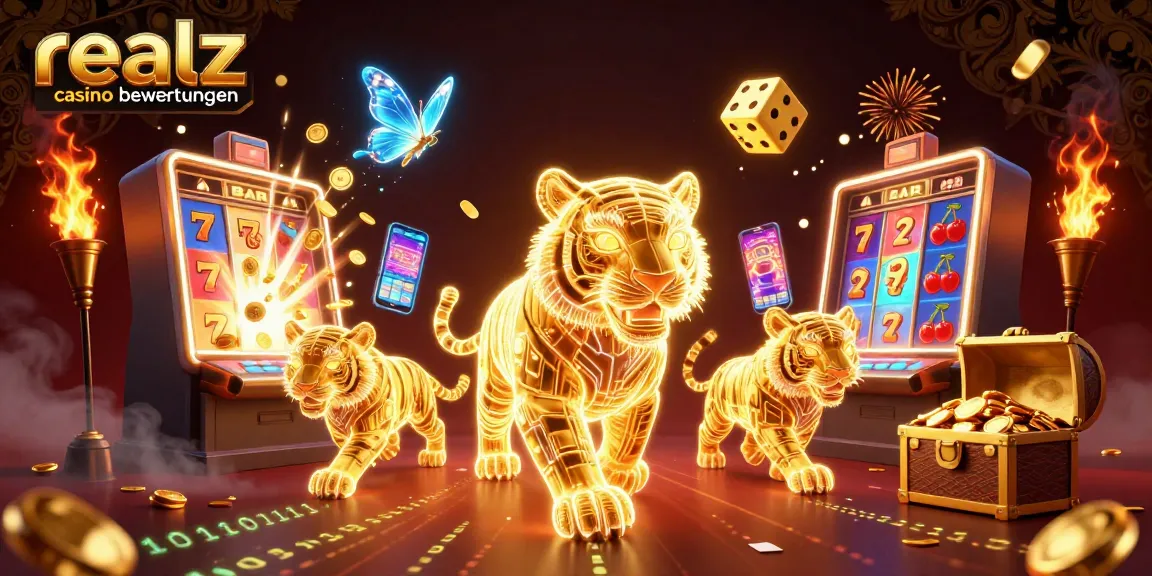 Erlebe die aufregenden realz casino bewertungen mit bunten Spielautomaten und einem leuchtenden Tiger.