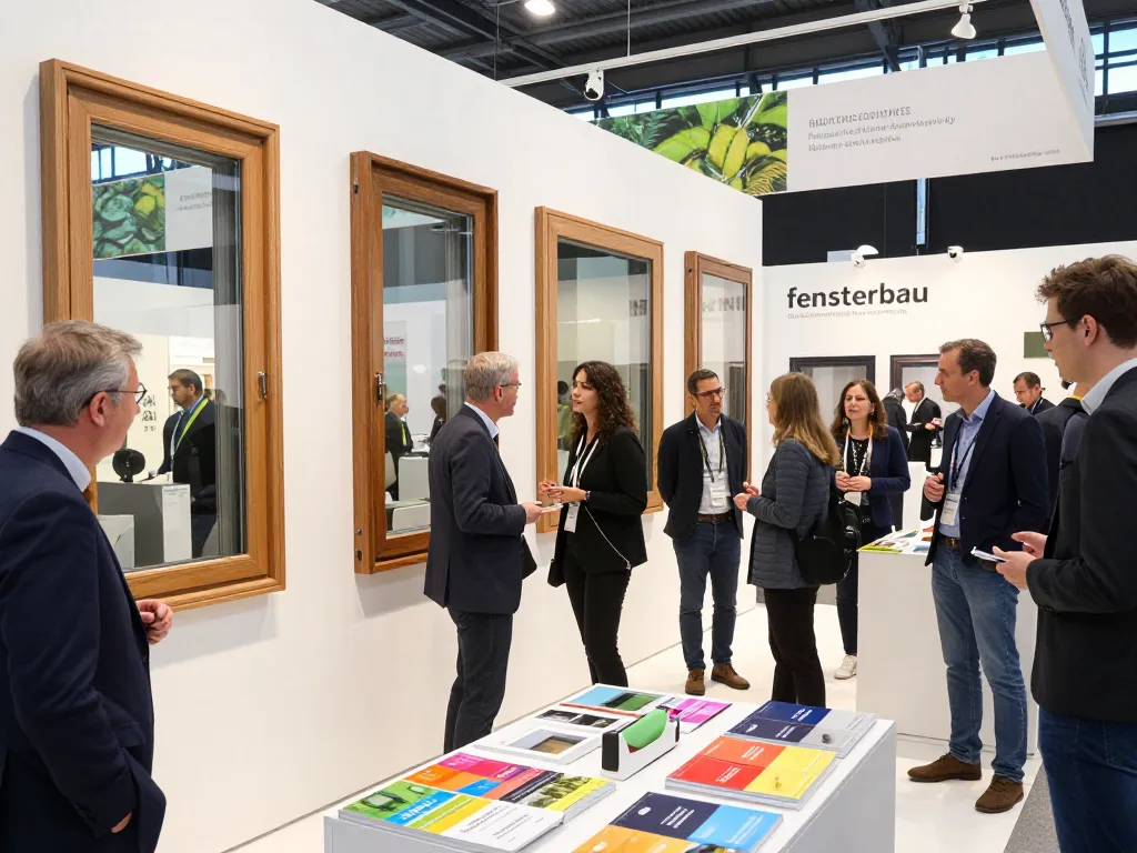Innovative Fensterbau-Fensterdesigns, die auf einer lebhaften Fachmesse mit Architekten im Networking gezeigt werden.