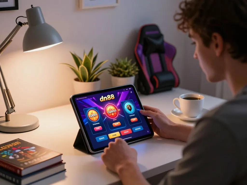 Engaging player using dn88 casino app on tablet at a cozy home gaming setup.