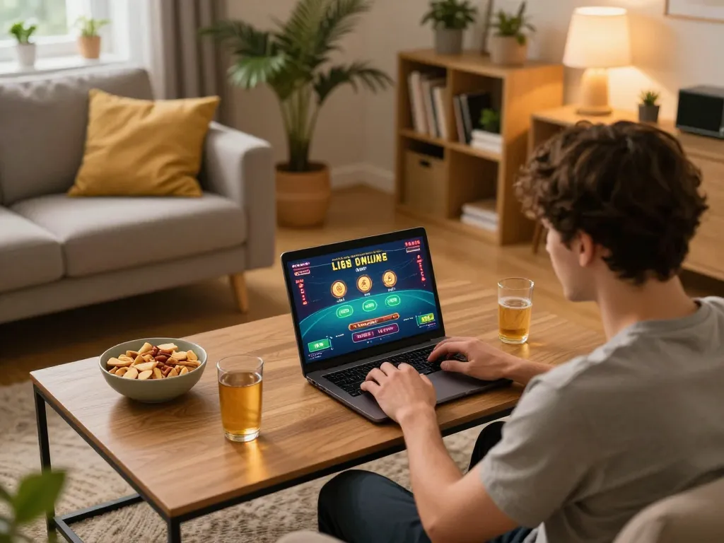 Engaging with f168 online casino games on a cozy laptop setup during an evening gaming session