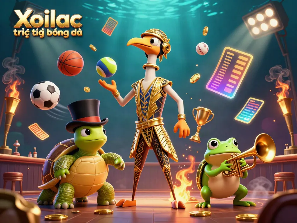 Xoilac trực tiếp bóng đá highlights live sports with an intricate 3D scene featuring dynamic characters and vibrant sports elements.