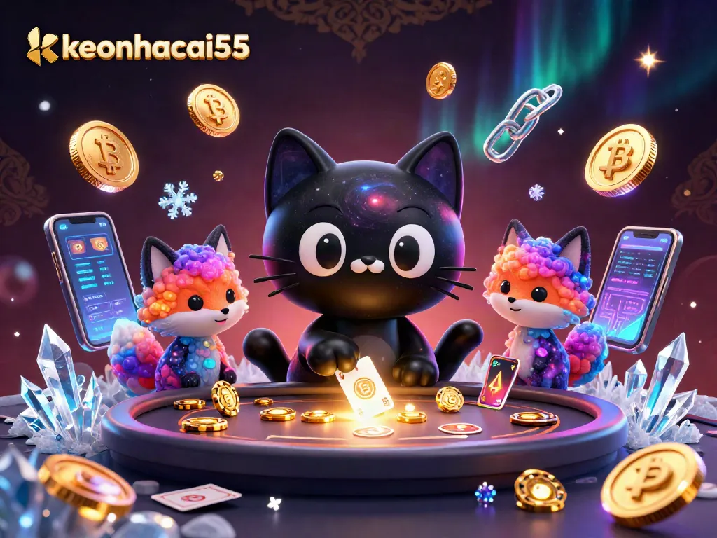Experience the thrill of keonhacai55 at a dynamic cosmic casino tablescape featuring unique characters.
