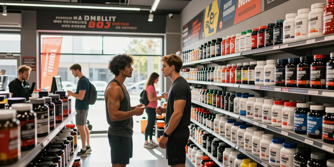 Anabolika Shop Deutschland - Athletischer Kunde erkundet Steroidprodukte und Nahrungsergänzungsmittel in einem lebhaften Fitnessgeschäft, Sonnenlicht schafft eine energische Atmosphäre.