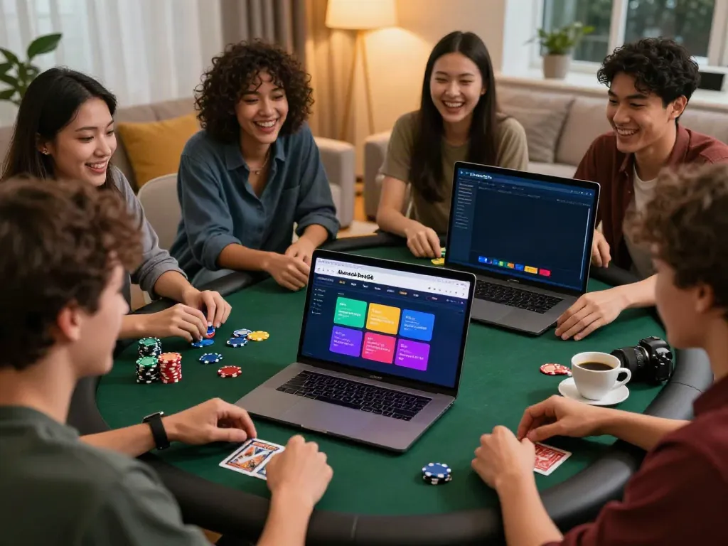 Group enjoying online gaming with Alternatif Bola88 platform in a cozy setting.