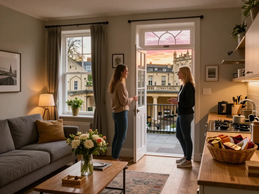 Airbnb management in Bath with welcoming hosts at their stylish property and sunset views.