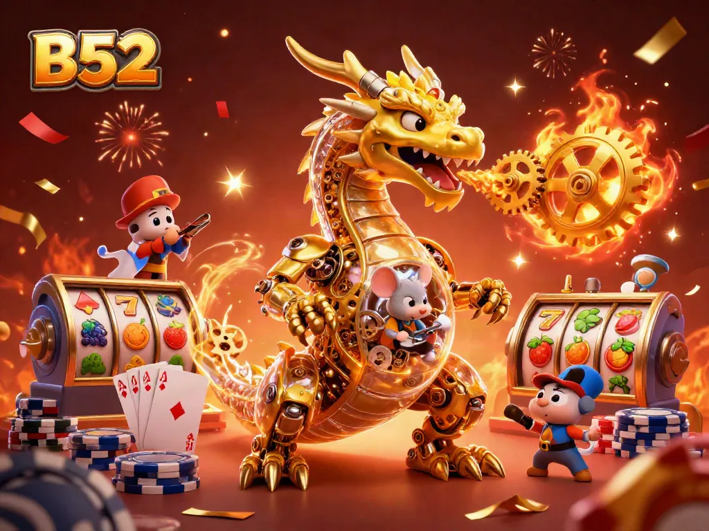 Win big with B52-themed poker chips and slot reels in this vibrant casino scene.