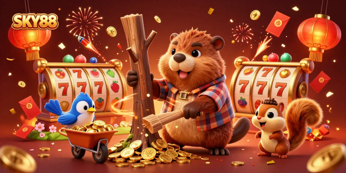 SKY88 offers thrilling slots with cartoon characters and coins raining down in a vibrant casino scene.