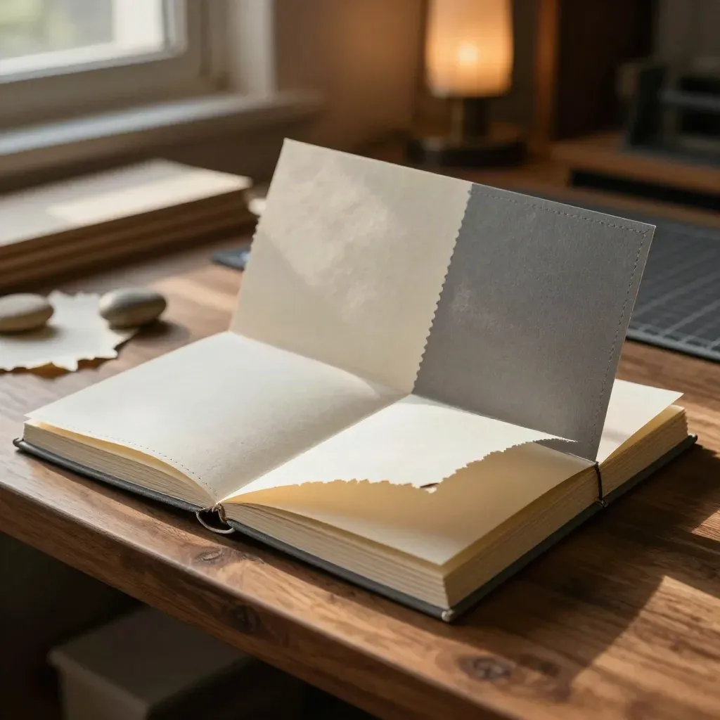 Halboffene Broschüre mit Fadenheftung, Papierprobe und Stein auf warmem Werkstattshelf.