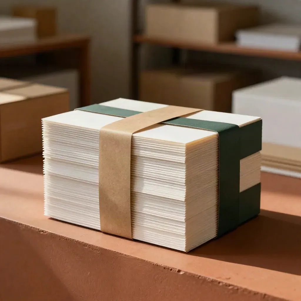 Verpackungshüllen um Boxen mit Seidenpapier und Papierband in einem Printatelier.