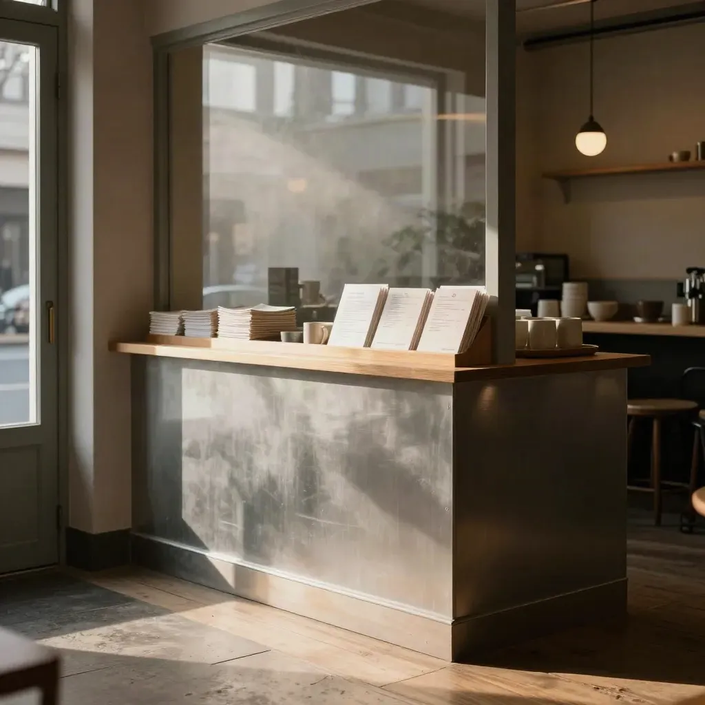 Leere Café-Theke mit Kartenhaltern, Fensterfolie und Papierwaren im warmen Morgenlicht.