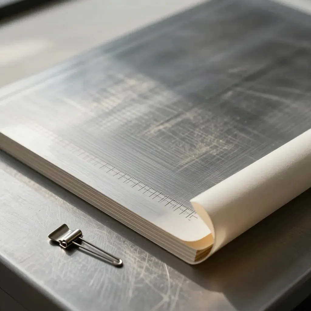 Aluminium-Druckplatte und Falzbogen mit Klammern im präzisen Prepress-Makro.