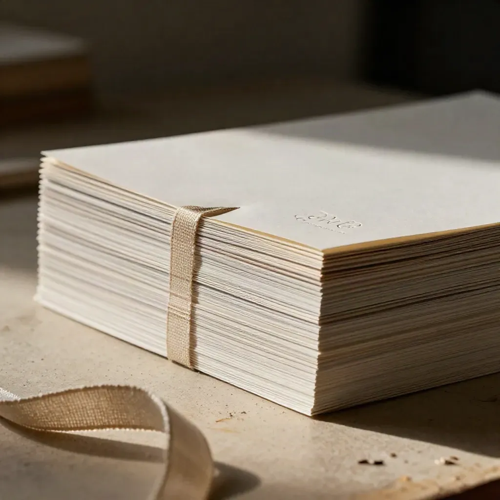 Papierstapel mit Prägung, Folienkante und Leinenband auf hellem Werkbanktisch.