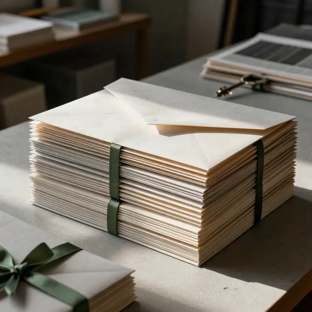 Sortierte Papiermappen und Muster auf einer hellen Werkbank mit grünem Band.